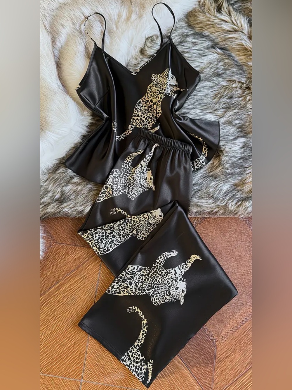 Black Satin Leopard Print Pajama Set